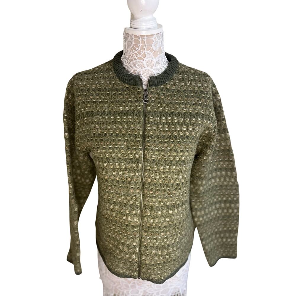 Woolrich Women’s Large Zip Sweater • Retro Outdoorsy Wool Cardigan • Olive & Tan